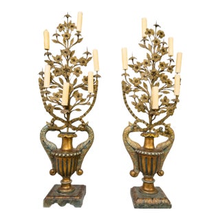 Monumental Italian Giltwood & Polychrome Dolphin and Floral Tole Candelabra For Sale