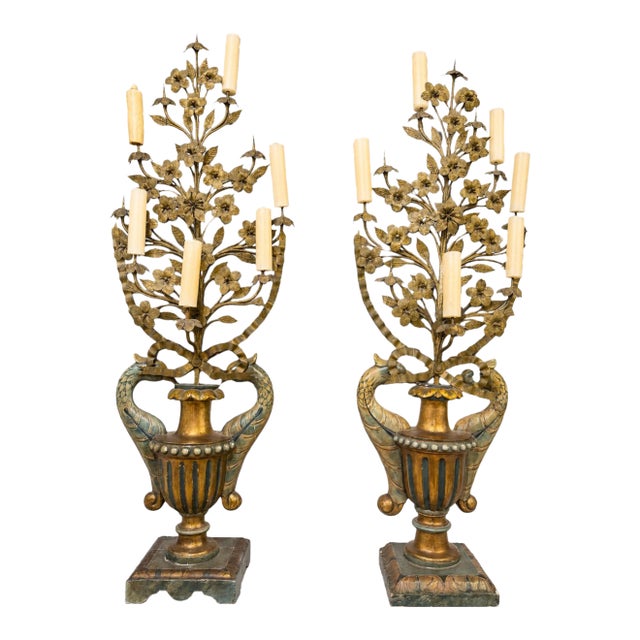 Monumental Italian Giltwood & Polychrome Dolphin and Floral Tole Candelabra For Sale