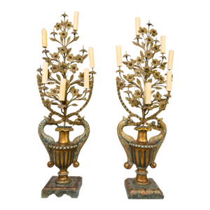 Monumental Italian Giltwood & Polychrome Dolphin and Floral Tole Candelabra