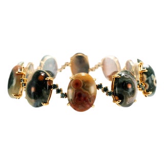 18k Yellow Gold Jasper Cabochons & Green Treated Diamonds Station Link Bracelet For Sale