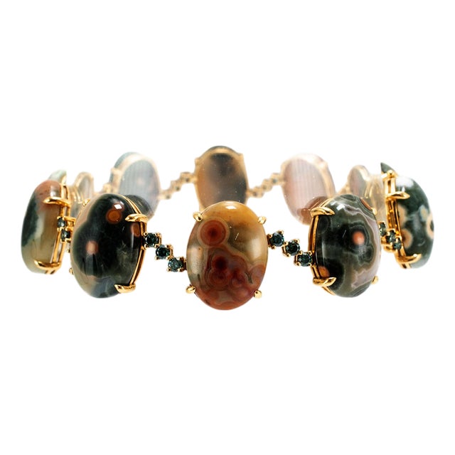 18k Yellow Gold Jasper Cabochons & Green Treated Diamonds Station Link Bracelet For Sale