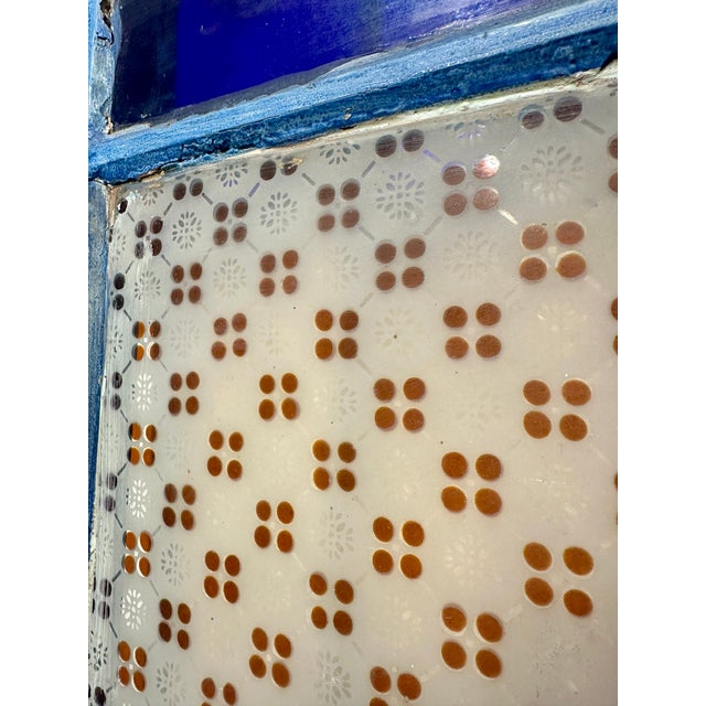 Blue Antique Late 19th Century Blue Painted Moorish Style Stained Glass Door With Hand-Painted Landscape Panel For Sale - Image 8 of 15