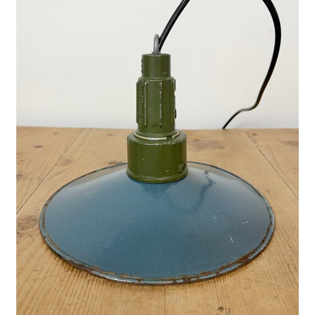 Industrial Blue Enamel Military Pendant Lamp with Cast Aluminium Top, 1960s For Sale - Image 11 of 18