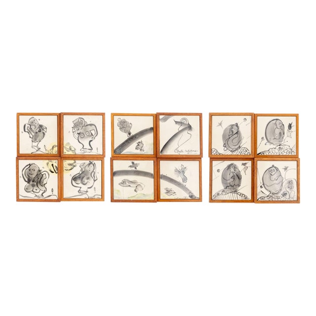 Eva Bouzard-Hui Framed Ceramic Tiles, 12 - Set of 3 For Sale