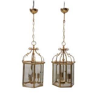 Gilt Metal and Glass Lanterns, 1990s, Set of 2 For Sale