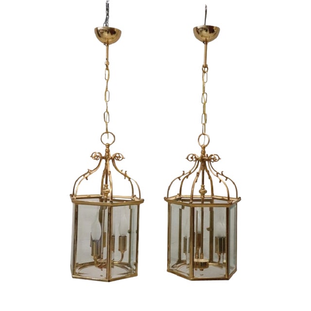 Gilt Metal and Glass Lanterns, 1990s, Set of 2 For Sale