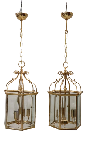 Gilt Metal and Glass Lanterns, 1990s, Set of 2
