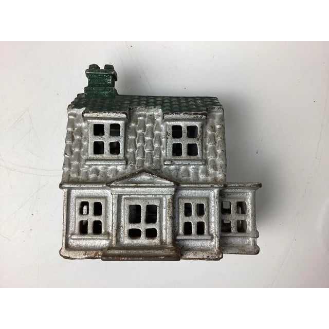 American Antique Cast Iron House, Porch, Chimney Still Coin Bank Building Silver & Green For Sale - Image 3 of 5