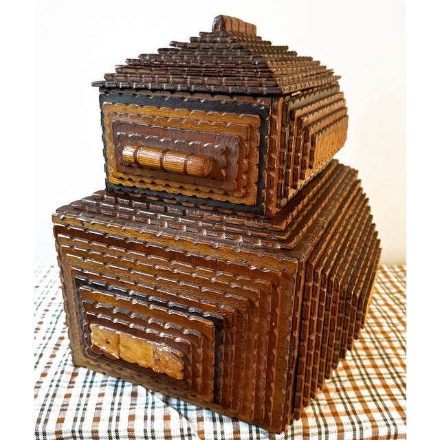 Brown Early 20th Century Tramp Art Box With Hinged Lid and Pull-Out Drawer For Sale - Image 8 of 10