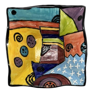 2003 Embossed Glazed Hand-Painted Abstract Designed Ceramic Decorative Bowl For Sale