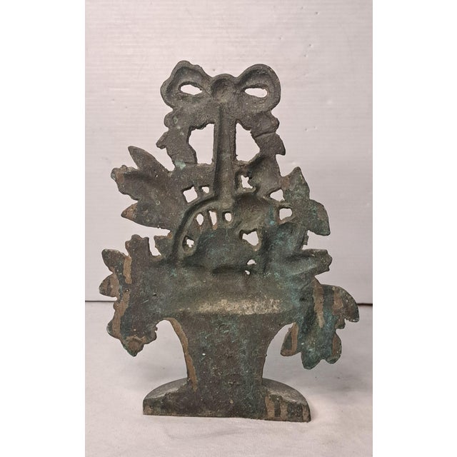 Antique Solid Cast Brass Floral Basket Doorstop With Bow and Verdigris Patina For Sale - Image 4 of 11
