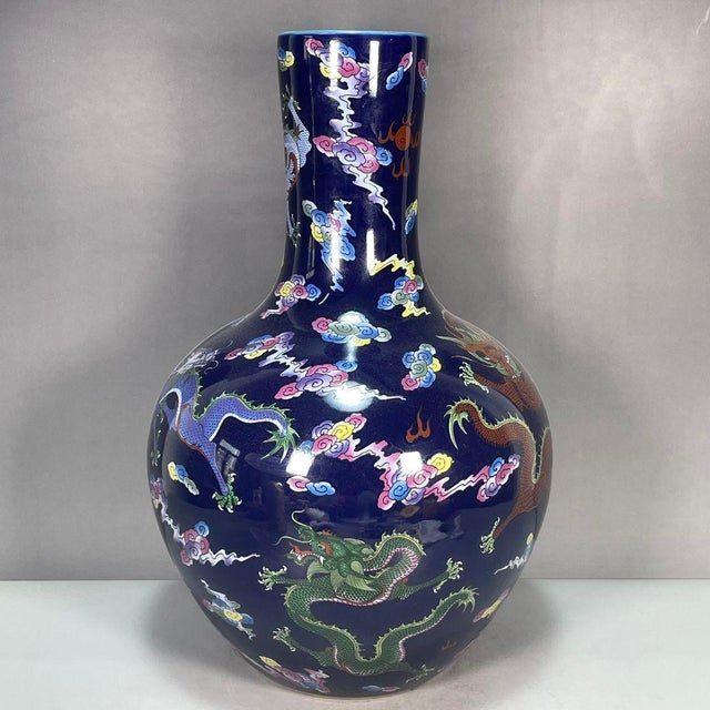 Late 20th Century Large Chinese Dark Blue Glazed Porcelain Dragon Vase - 16" Tall For Sale - Image 5 of 9