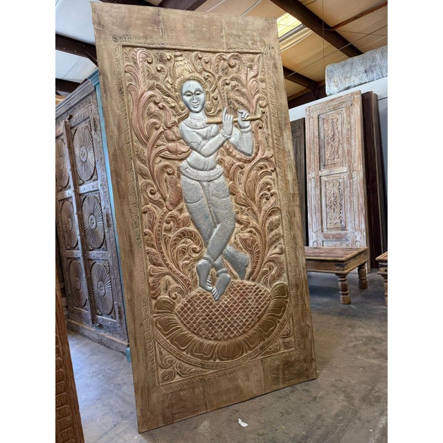 Antique Hand-Carved Wooden Krishna Relief Panel With Floral Motifs For Sale - Image 9 of 9