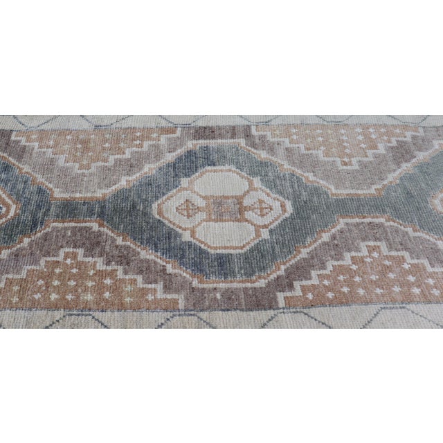 Long Turkish Oushak Runner With Soft Green Field and Beige Medallions For Sale - Image 11 of 16
