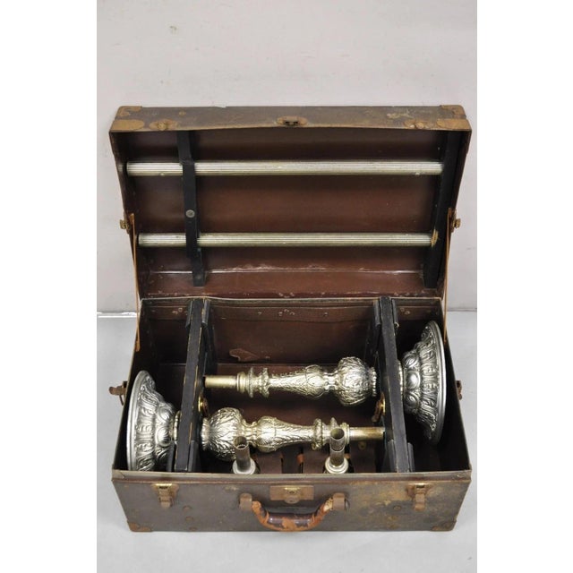 Vintage 43" Tall Baroque Style Silver Plated Collapsible Floor Candlesticks in Box. Item features original storage box...