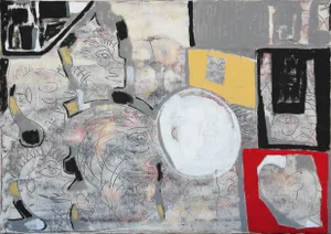2017 "Luck of the Draw" Gray and Red Abstract Figurative Painting by Paul Reeves