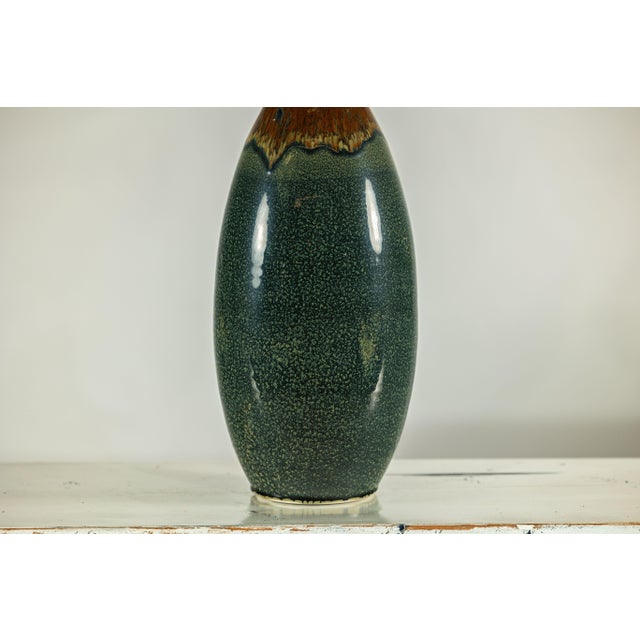 Tall Pottery Vase with Fluted Neck and Drip Glaze in Brown and Green For Sale - Image 10 of 12