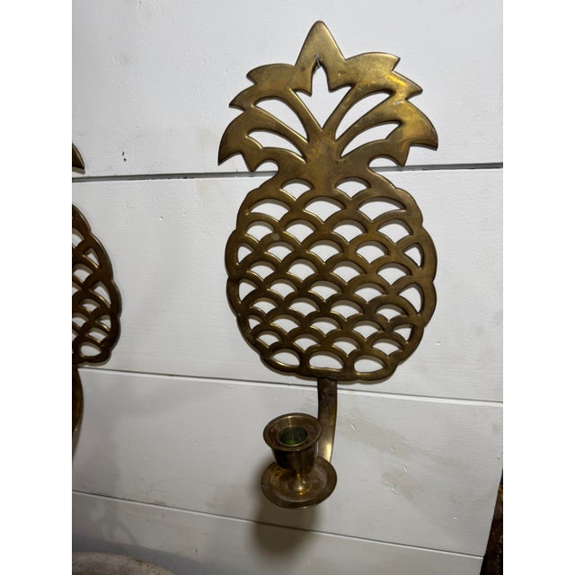 Mid 20th Century Pair of Vintage Brass Pineapple Wall Candle Sconces For Sale - Image 5 of 9