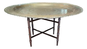 1930s Asian Brass Hammered Platter Tray Table