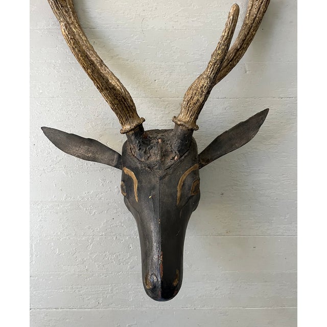 Antique 19th Century Folk Art Carved Wood Black Forest Baroque Deer Head & Antlers Wall Trophy For Sale - Image 4 of 12