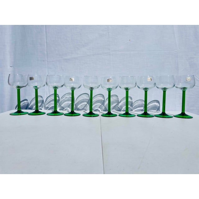1950s French Luminarc Green Stemmed Wine Glasses- Set of 10 For Sale - Image 9 of 12