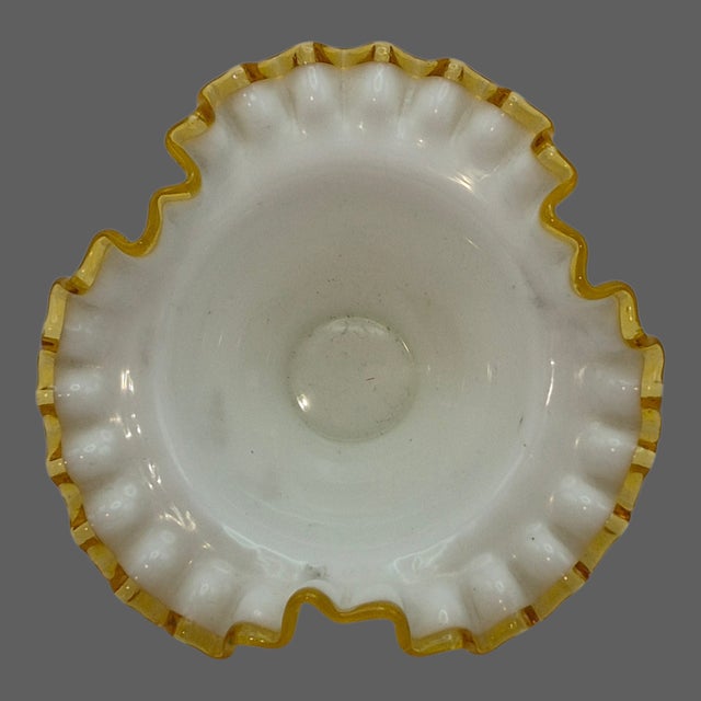 Mid-Century Modern Vintage Fenton Milk-Glass Crimped Ruffled Amber Yellow Edge Candy Dish Bowl For Sale - Image 3 of 9