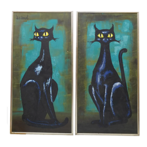 Pair Signed 1970s Mid Century Oil on Masonite Black Cat Paintings
