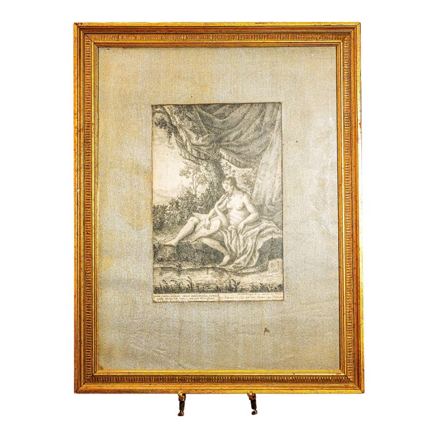 Neoclassical Antique 18th-Century Engraving Print Nude Woman Swan Gilt Frame For Sale