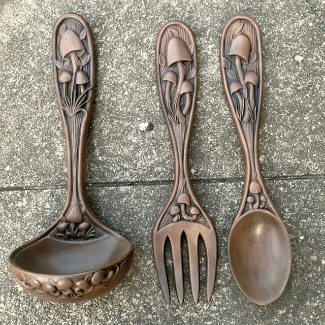 Coffee Vintage Arnels Brand Ceramic Wall Hanging Oversized Spoon, Fork & Ladle Decorated With Mushrooms - Set of 3 For Sale - Image 8 of 9