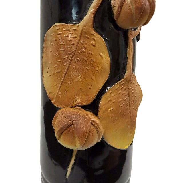 Late 20th Century Vintage Hungarian Studio Art Pottery Ceramic Vase Wi/Applied Chestnut Relief 12" For Sale - Image 5 of 6