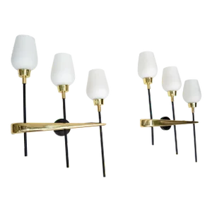 Pair Maison Arlus Brass, Steel 3-Light Wall Sconces & Cone Opaline Glass Shade