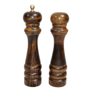 1970s Set of 2 Vintage Turned Cherry Wood Brass Décor Salt Shaker & Pepper Grinder, Japan For Sale