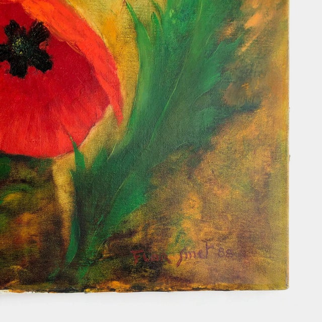 This vintage 1988 oil painting on canvas of red poppies is in excellent condition as pictured. Measures 18x24 inches.
