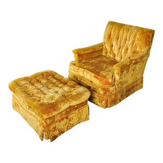 Vintage French Tuffed Armchair and Ottoman For Sale