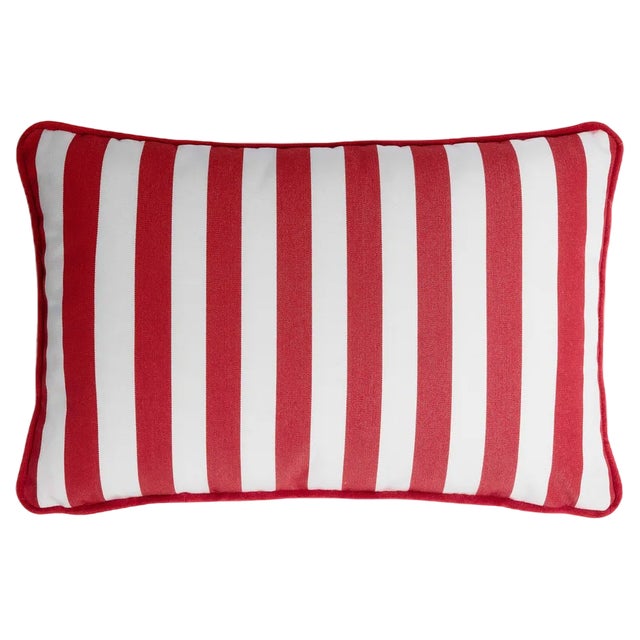 Striped Outdoor Happy Cushion Cover in Red and White with Piping from Lo Decor For Sale