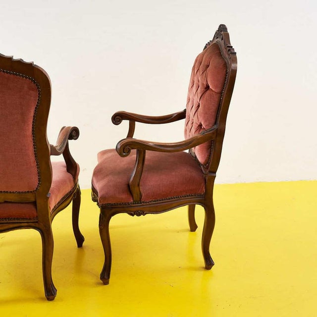 Wood Vintage Wooden and Velvet Armchairs, Set of 2 For Sale - Image 7 of 9