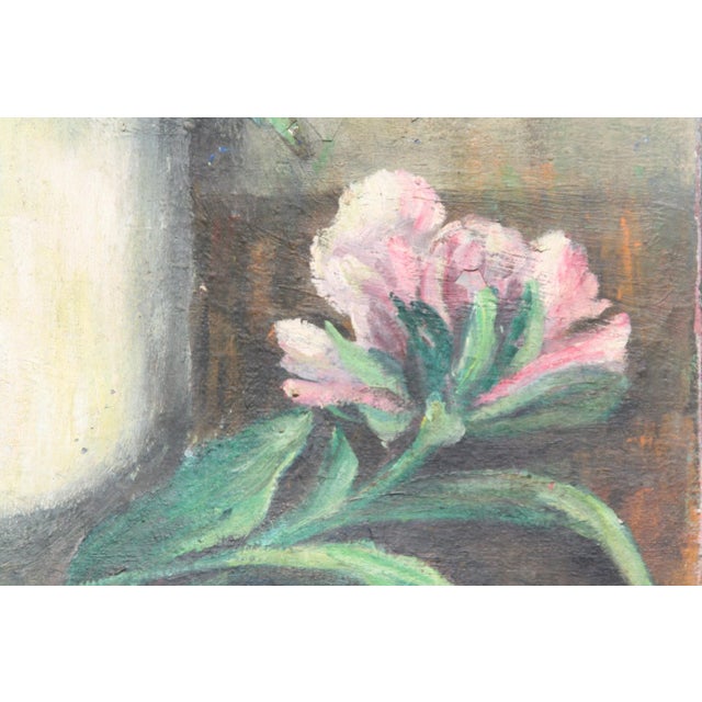 Still life oil painting with beautifully painted peonies and details, and a gorgeous and rich overall patina. The original...