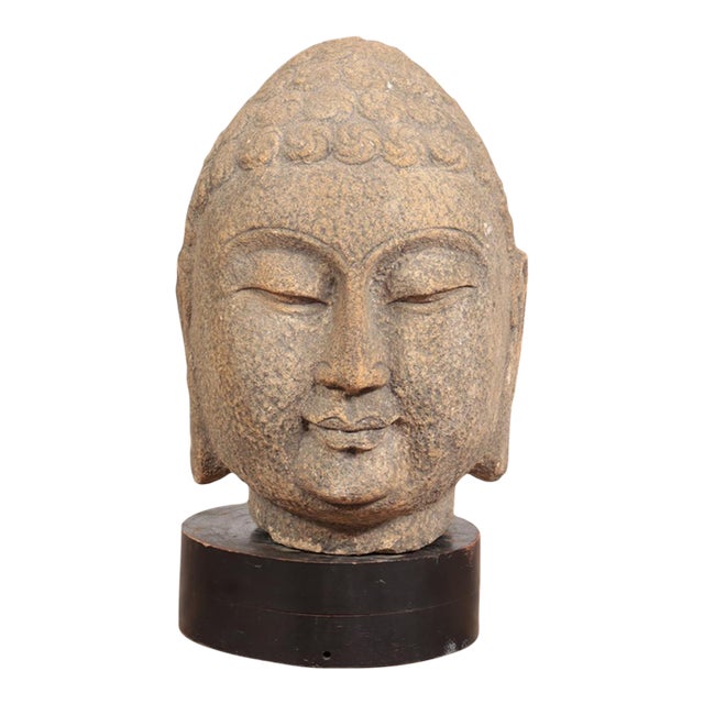 19th Century Khmer Style Hand Carved Stone Mounted Buddha Head For Sale