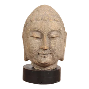 19th Century Khmer Style Hand Carved Stone Mounted Buddha Head