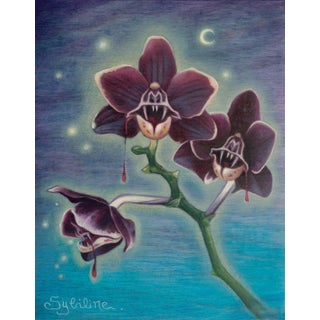 Sanguis Maledictum by Sybiline | Oil on Wood Painting of dark orchids with dripping petals For Sale