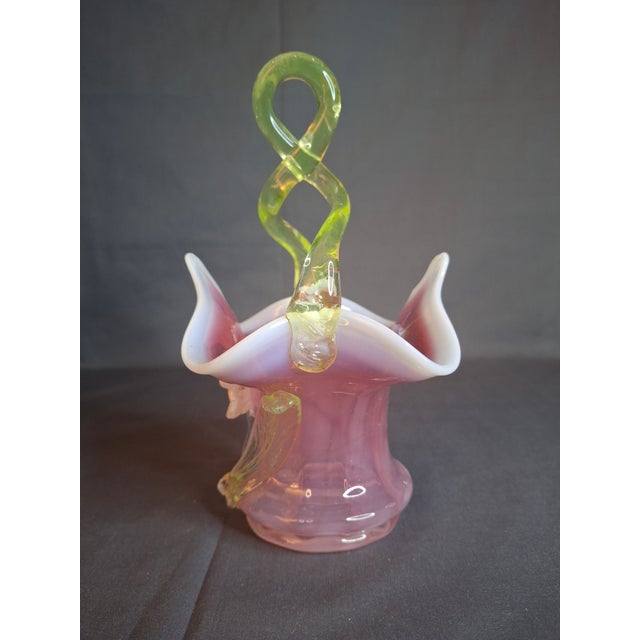 Glass Antique Stevens & Williams Art Glass Basket - Pink Opalescent Cased Glass - Applied Flower & Stem - Uranium Vaseline Glass Handle - Circa 1880s For Sale - Image 7 of 18