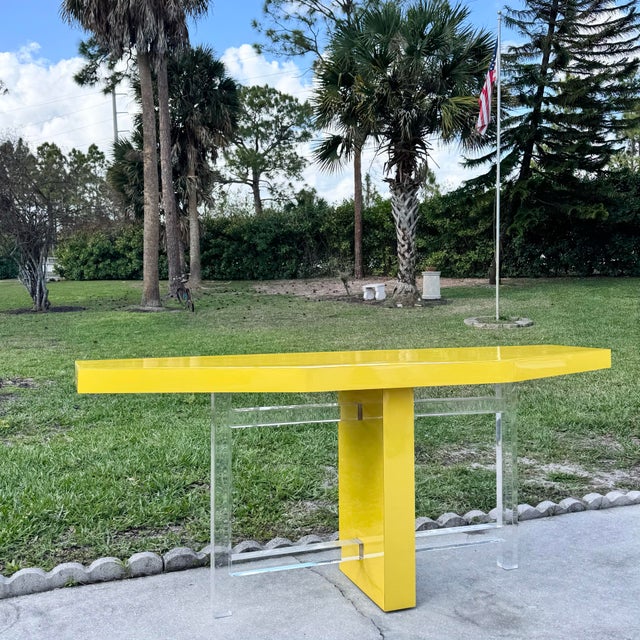 1980s Postmodern Yellow Lacquer Laminate and Lucite Console Table For Sale - Image 5 of 8