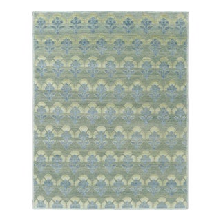 Rug & Kilim’s Custom Block Print Rug Design with Blue and Green Floral Pattern - 5x8 For Sale
