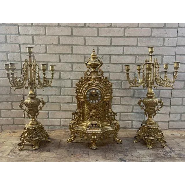 Antique French Rococo Revival Bronze Garniture Clock Set With Candelabras For Sale - Image 11 of 11
