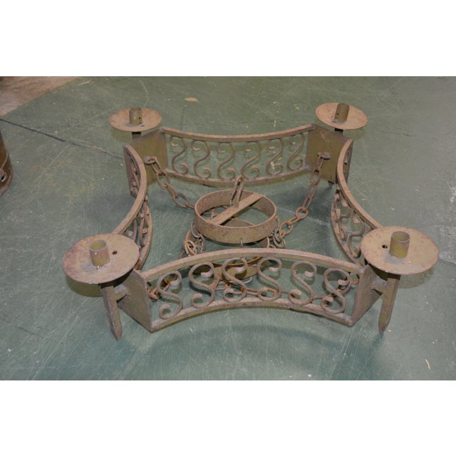 1960s Vintage Gothic Rustic Green Cast Iron Tiered Candle Square Chandelier W/ Rings & Chains Castle For Sale - Image 5 of 16