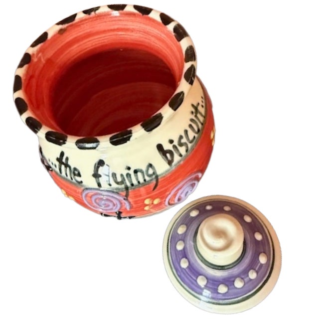 Vintage Signed "...The Flying Biscuit Cafe" Signed "...Polly Made Me..." Handpainted Ceramic Pottery Jar by 1990's Artist PollyAnne. For Sale In Washington DC - Image 6 of 8