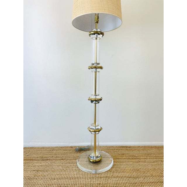 Vintage 1970s Karl Springer Style Acrylic & Brass Fax Bamboo Floor Lamp tall floor lamp clear acrylic with brass faux...