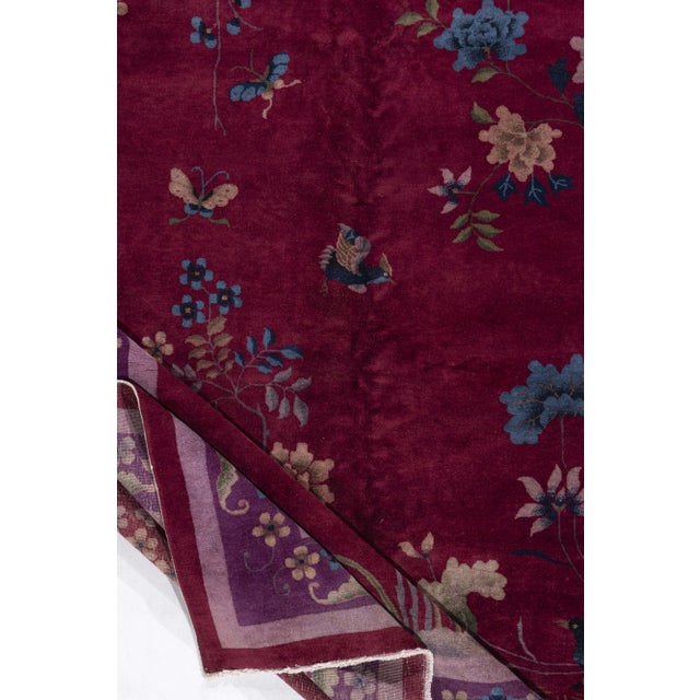 Textile Antique Circa 1920's Burgundy Chinese Art Deco Hand Knotted Rug 9' X 11'6 For Sale - Image 7 of 12