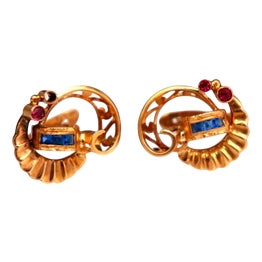 Gold Earrings with Art Deco Style Windings and Synthetic Stones, Set of 2 For Sale