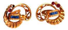 Gold Earrings with Art Deco Style Windings and Synthetic Stones, Set of 2